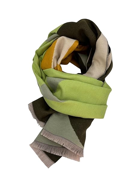 Beyond Joy Pashmina/Cashmere Substitute 100% Acrylic Shawl Scarf w Double sided Colors w 2 XL Color Block Geo (Green)