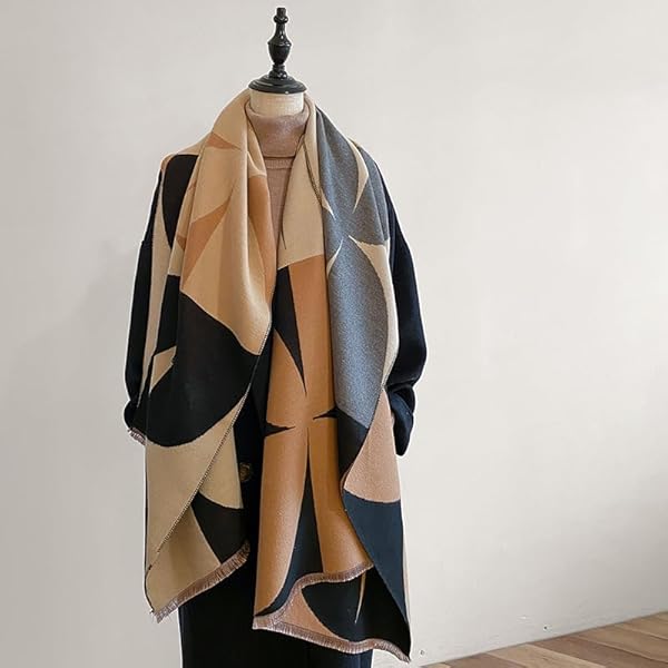 Beyond Joy Pashmina/Cashmere Substitute 100% Acrylic Shawl Scarf w Double sided Colors w 2 XL Color Block Geo (Navy) - Image 3
