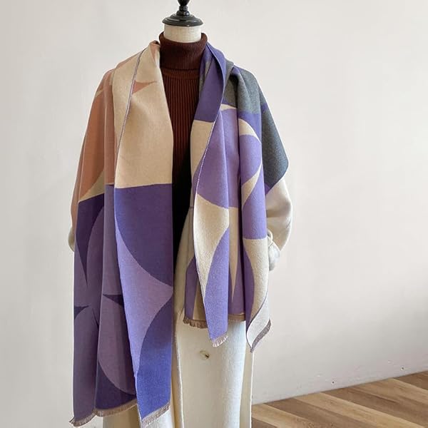 Beyond Joy Pashmina/Cashmere Substitute 100% Acrylic Shawl Scarf w Double sided Colors w 2 XL Color Block Geo (Purple) - Image 3