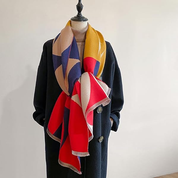 Beyond Joy Pashmina/Cashmere Substitute 100% Acrylic Shawl Scarf w Double sided Colors w 2 XL Color Block Geo (Red) - Image 3