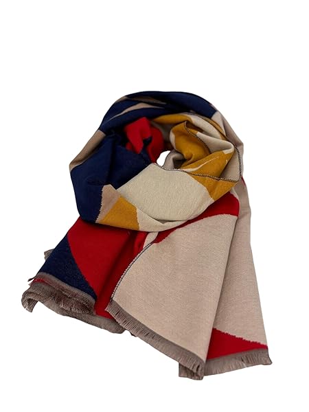 Beyond Joy Pashmina/Cashmere Substitute 100% Acrylic Shawl Scarf w Double sided Colors w 2 XL Color Block Geo (Red)