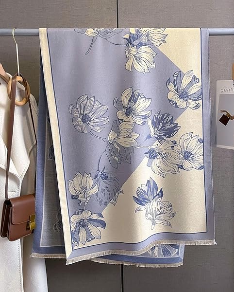 Beyond Joy Pashmina/Cashmere Substitute 100% Acrylic Shawl Scarf w Double sided Colors w 2 XL Gardenia Blue and Beige - Image 4