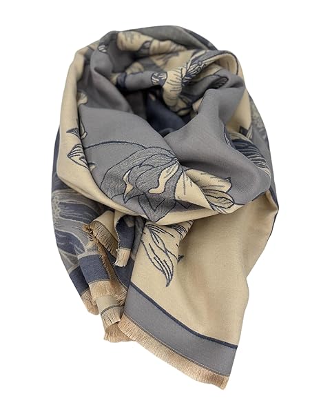 Beyond Joy Pashmina/Cashmere Substitute 100% Acrylic Shawl Scarf w Double sided Colors w 2 XL Gardenia Blue and Beige