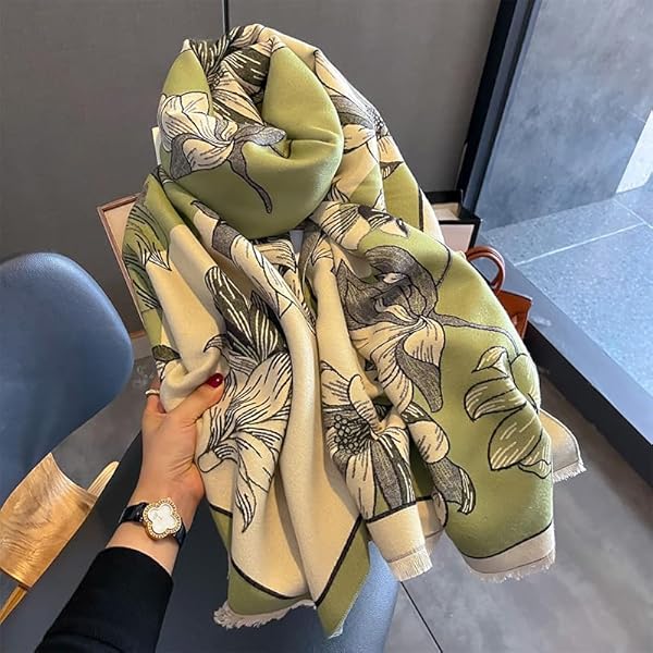 Beyond Joy Pashmina/Cashmere Substitute 100% Acrylic Shawl Scarf w Double sided Colors w 2 XL Gardenia Green & Beige - Image 3