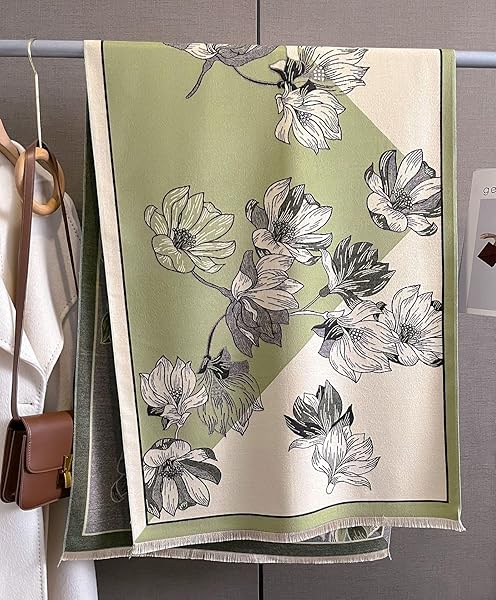Beyond Joy Pashmina/Cashmere Substitute 100% Acrylic Shawl Scarf w Double sided Colors w 2 XL Gardenia Green & Beige - Image 4