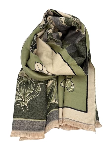 Beyond Joy Pashmina/Cashmere Substitute 100% Acrylic Shawl Scarf w Double sided Colors w 2 XL Gardenia Green & Beige