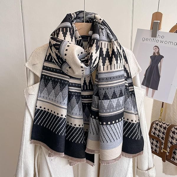 Beyond Joy Pashmina/Cashmere Substitute 100% Acrylic Shawl Scarf w Double sided Colors w 2 XL Geo Pattern Black, Gray & Beige - Image 3