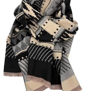 Beyond Joy Pashmina/Cashmere Substitute 100% Acrylic Shawl Scarf w Double sided Colors w 2 XL Geo Pattern Black, Gray & Beige