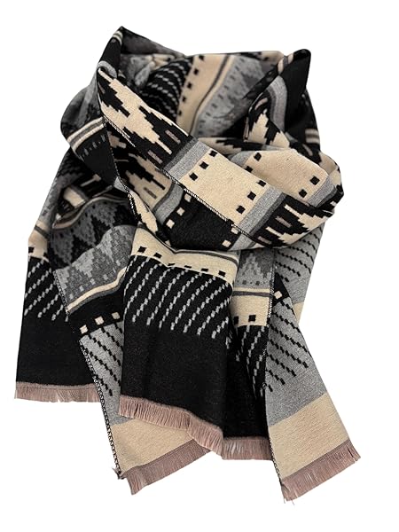 Beyond Joy Pashmina/Cashmere Substitute 100% Acrylic Shawl Scarf w Double sided Colors w 2 XL Geo Pattern Black, Gray & Beige