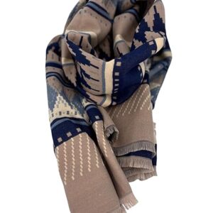 Beyond Joy Pashmina/Cashmere Substitute 100% Acrylic Shawl Scarf w Double sided Colors w 2 XL Geo Pattern Blue & Beige
