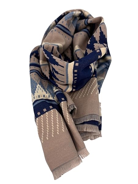 Beyond Joy Pashmina/Cashmere Substitute 100% Acrylic Shawl Scarf w Double sided Colors w 2 XL Geo Pattern Blue & Beige