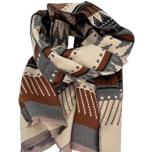 Beyond Joy Pashmina/Cashmere Substitute 100% Acrylic Shawl Scarf w Double sided Colors w 2 XL Geo Pattern Brown, Gray & Beige