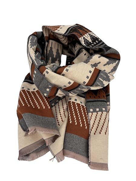 Beyond Joy Pashmina/Cashmere Substitute 100% Acrylic Shawl Scarf w Double sided Colors w 2 XL Geo Pattern Brown, Gray & Beige