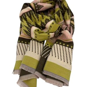 Beyond Joy Pashmina/Cashmere Substitute 100% Acrylic Shawl Scarf w Double sided Colors w 2 XL Geo Pattern Green & Pink