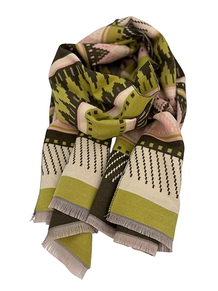 Beyond Joy Pashmina/Cashmere Substitute 100% Acrylic Shawl Scarf w Double sided Colors w 2 XL Geo Pattern Green & Pink