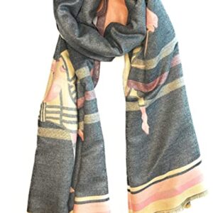 Beyond Joy Pashmina/Cashmere Substitute 100% Acrylic Shawl Scarf w Double sided Colors w 2 XL Horses designs (Heather Grey/Pink)