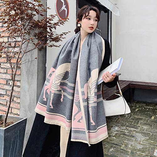 Beyond Joy Pashmina/Cashmere Substitute 100% Acrylic Shawl Scarf w Double sided Colors w 2 XL Horses designs (Heather Grey/Pink) - Image 5