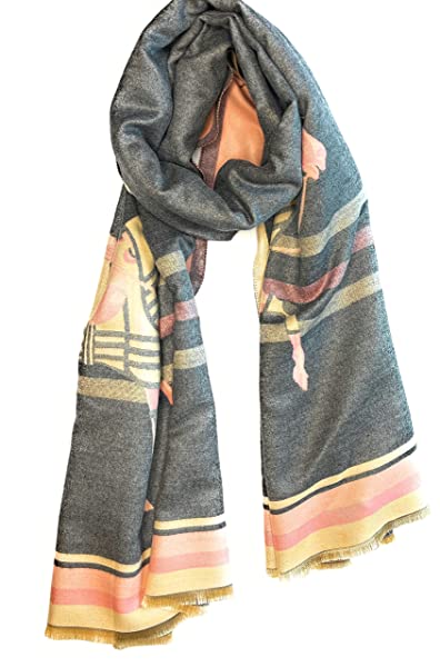 Beyond Joy Pashmina/Cashmere Substitute 100% Acrylic Shawl Scarf w Double sided Colors w 2 XL Horses designs (Heather Grey/Pink)