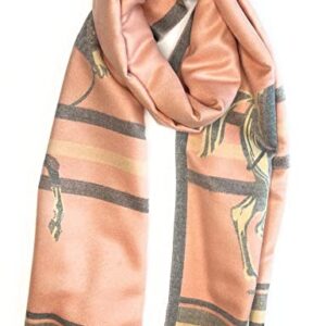 Beyond Joy Pashmina/Cashmere Substitute 100% Acrylic Shawl Scarf w Double sided Colors w 2 XL Horses designs in 4 Colors (Light Pink/Grey)