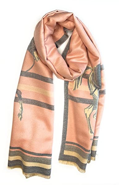 Beyond Joy Pashmina/Cashmere Substitute 100% Acrylic Shawl Scarf w Double sided Colors w 2 XL Horses designs in 4 Colors (Light Pink/Grey)