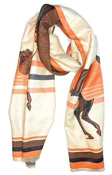 Beyond Joy Pashmina/Cashmere Substitute 100% Acrylic Shawl Scarf w Double sided Colors w 2 XL Horses designs in 4 Colors (Orange/Black)