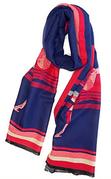 Beyond Joy Pashmina/Cashmere Substitute 100% Acrylic Shawl Scarf w Double sided Colors w 2 XL Horses designs in 4 Colors (Red/Blue)