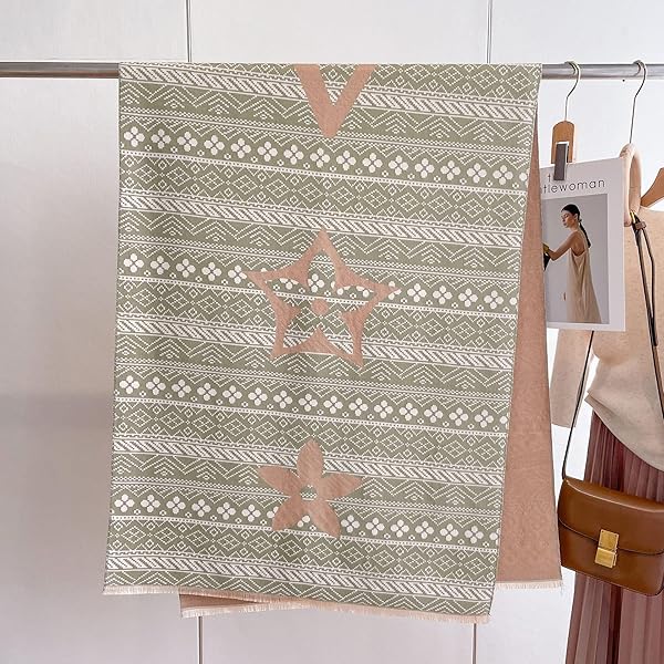 Beyond Joy Pashmina/Cashmere Substitute 100% Acrylic Shawl Scarf w Double sided Colors w 2 XL Nordic Winter Pattern Green & Beige - Image 3