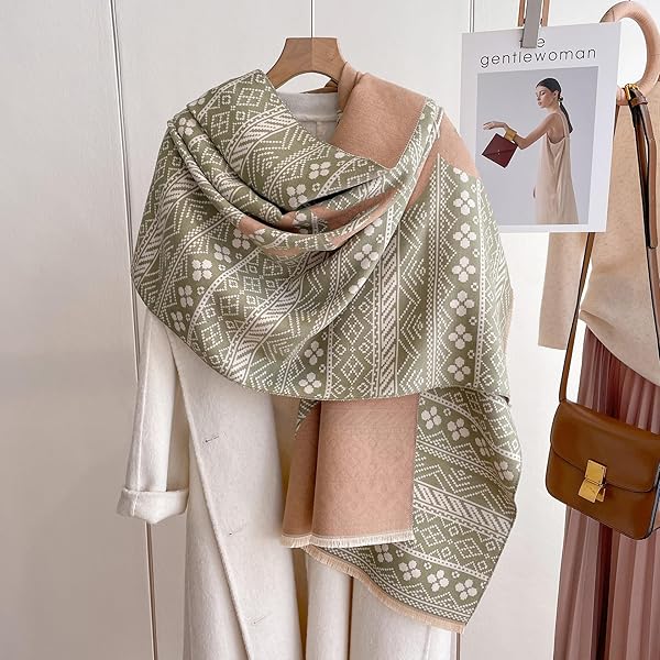 Beyond Joy Pashmina/Cashmere Substitute 100% Acrylic Shawl Scarf w Double sided Colors w 2 XL Nordic Winter Pattern Green & Beige - Image 4