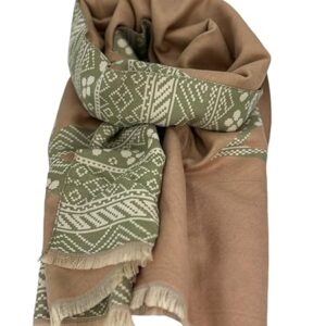 Beyond Joy Pashmina/Cashmere Substitute 100% Acrylic Shawl Scarf w Double sided Colors w 2 XL Nordic Winter Pattern Green & Beige