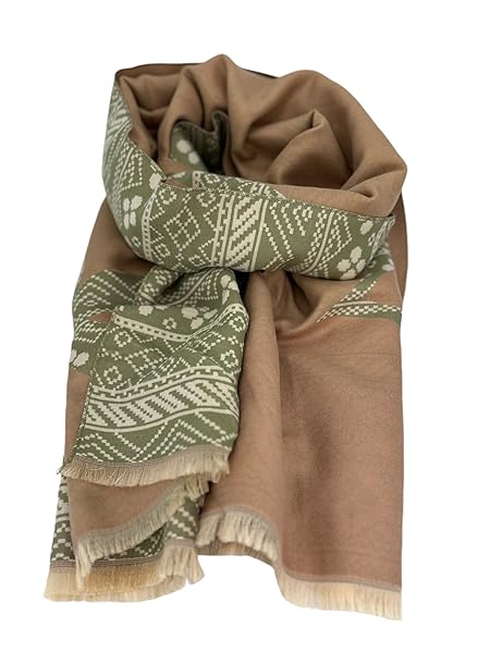 Beyond Joy Pashmina/Cashmere Substitute 100% Acrylic Shawl Scarf w Double sided Colors w 2 XL Nordic Winter Pattern Green & Beige
