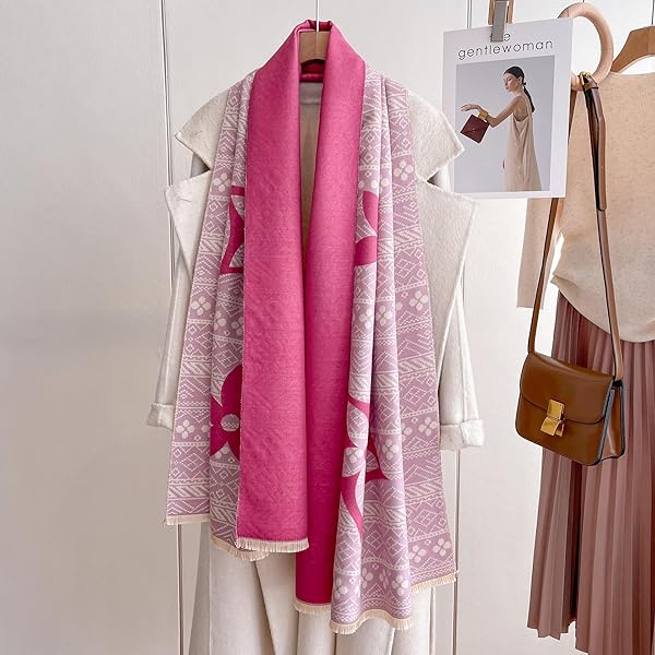 Beyond Joy Pashmina/Cashmere Substitute 100% Acrylic Shawl Scarf w Double sided Colors w 2 XL Nordic Winter Pattern Magenta & Pink - Image 4