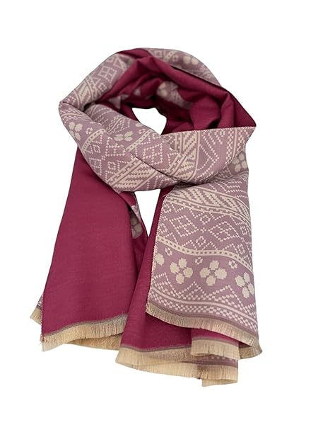 Beyond Joy Pashmina/Cashmere Substitute 100% Acrylic Shawl Scarf w Double sided Colors w 2 XL Nordic Winter Pattern Magenta & Pink