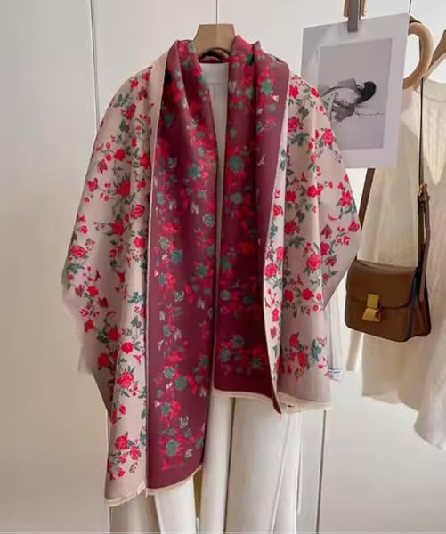 Beyond Joy Pashmina/Cashmere Substitute 100% Acrylic Shawl Scarf w Double sided Colors w 2 XL Rose Garden, Red, Green & Pink - Image 3