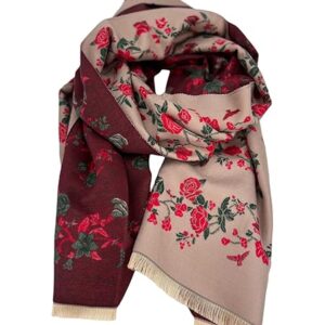 Beyond Joy Pashmina/Cashmere Substitute 100% Acrylic Shawl Scarf w Double sided Colors w 2 XL Rose Garden, Red, Green & Pink