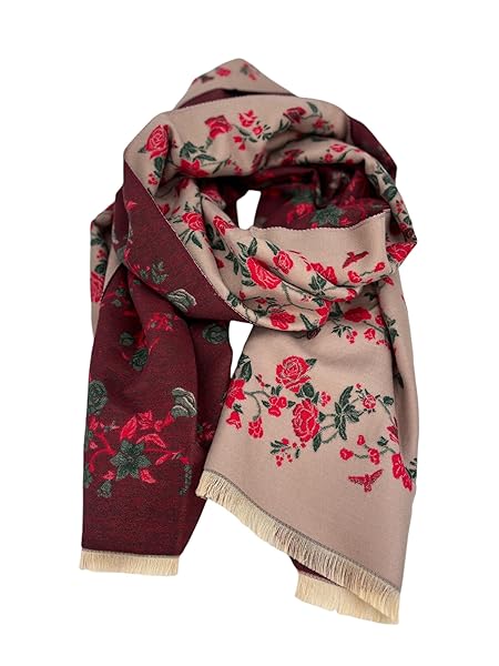 Beyond Joy Pashmina/Cashmere Substitute 100% Acrylic Shawl Scarf w Double sided Colors w 2 XL Rose Garden, Red, Green & Pink