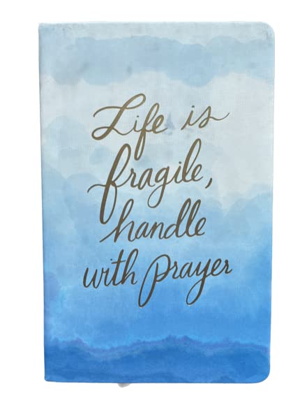 Eccolo "LIFE IS FRAGILE, HANDLE WITH PRAYER, HANDLE WITH PRAYER" Sky Ocean Blue Water paint design Christian Blank Journal Notebook with Bible Verses