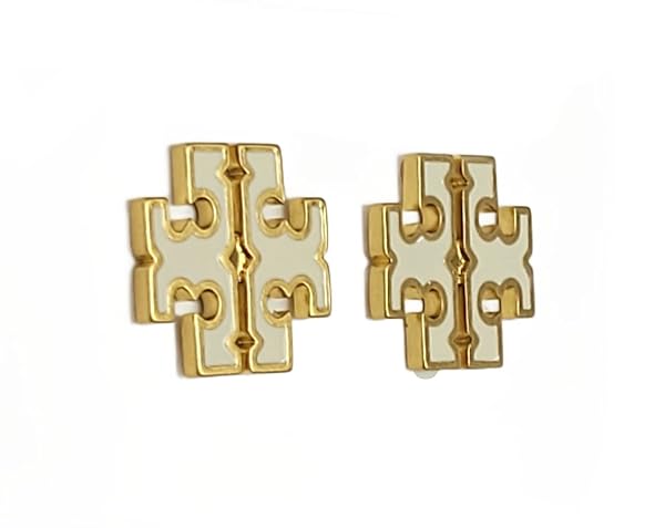 Tory Burch 136011 Britten Tory Rolled Brass Tone With New Ivory White Accent Logo Enamel Women's Stud Earrings - Image 3