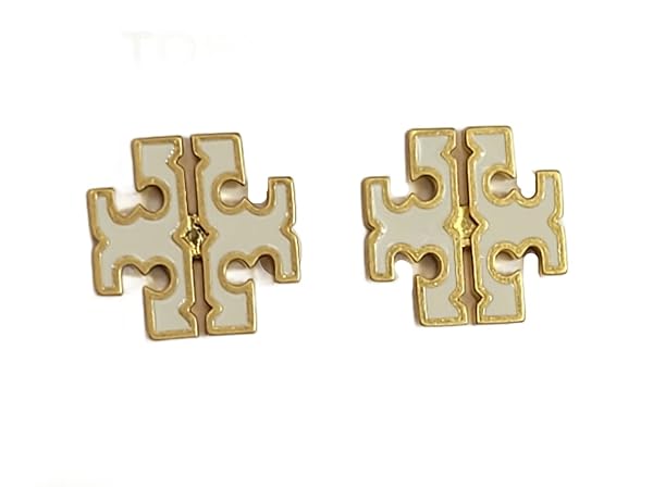 Tory Burch 136011 Britten Tory Rolled Brass Tone With New Ivory White Accent Logo Enamel Women's Stud Earrings