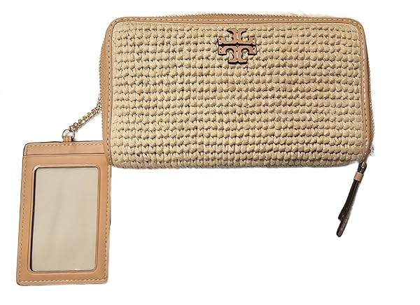 Tory Burch 156094 Thea Raffia Khaki With Gold Hardware Women's Zip Continental Wallet With Attached Card Case