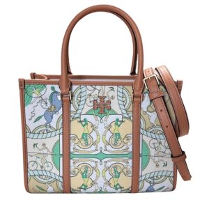 Tory Burch Blake Small Tote, Canvas with Bicycle Print, Green Multi, Brown Leather Trim