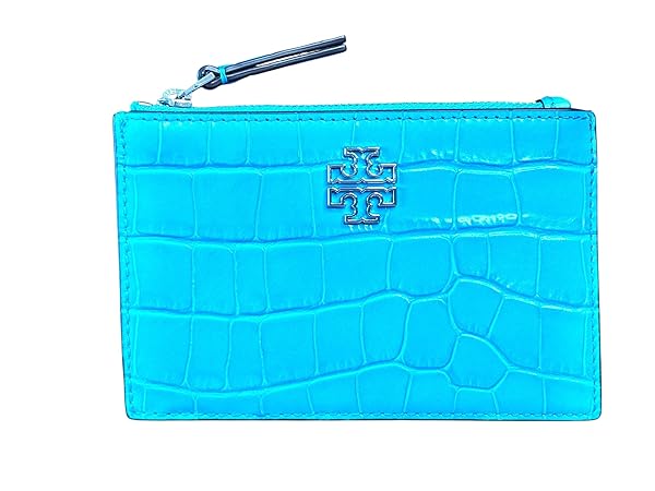 Tory Burch Britten Embossed Zip Card Case141067, Ocean Meadow 406 in Embossed leather
