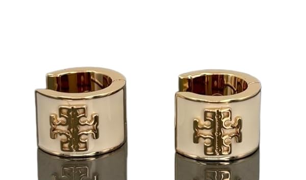 Tory Burch Britten Enamel Huggie 149325 Ivory 700, Small & Wide Hoop w Double T Logo - Image 4