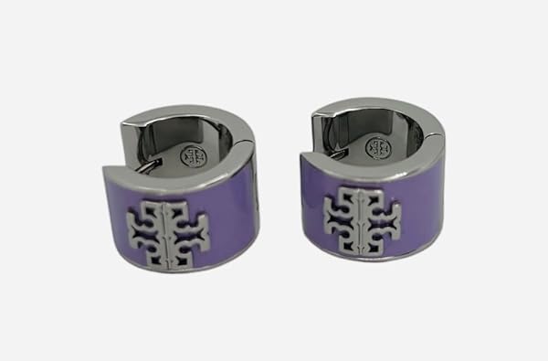 Tory Burch Britten Enamel Huggie 149325 Silver Purple Lavender 502, Small & Wide Hoop w Double T Logo - Image 3