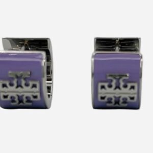 Tory Burch Britten Enamel Huggie 149325 Silver Purple Lavender 502, Small & Wide Hoop w Double T Logo