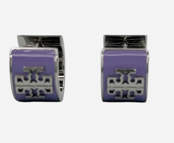 Tory Burch Britten Enamel Huggie 149325 Silver Purple Lavender 502, Small & Wide Hoop w Double T Logo