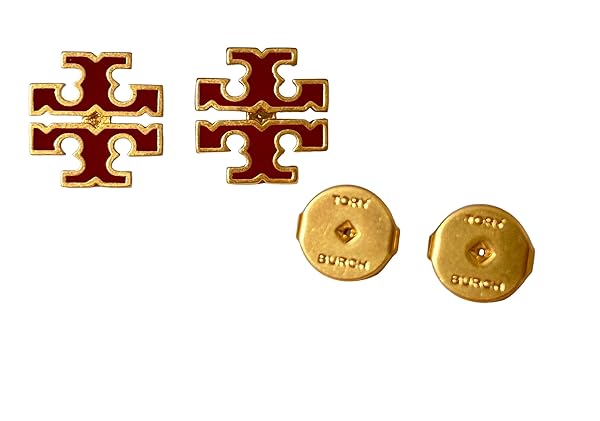 Tory Burch Britten Logo Stud Earring Enamel in Burgundy/Red with Gold