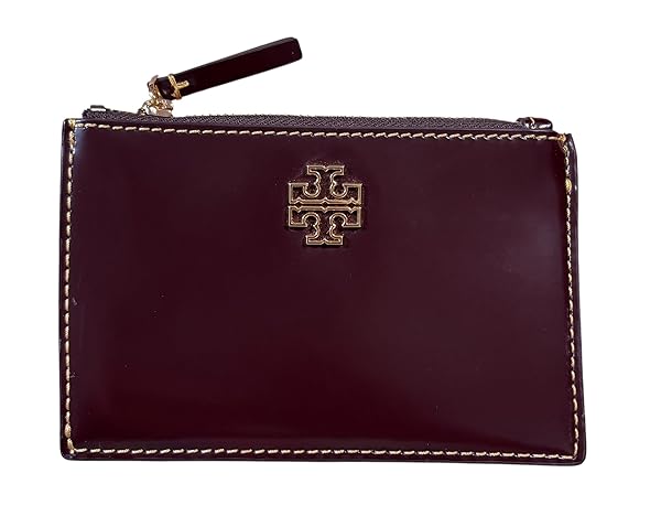 Tory Burch Britten Smooth Zip Card Case, Dark Mahogany w Patent leather, Tempranillo