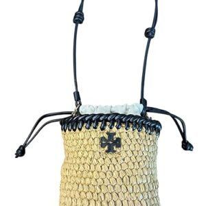 Tory Burch Emerson Bucket Bag, Raffia Straw, Toffee Crunch with Black Leather Trim