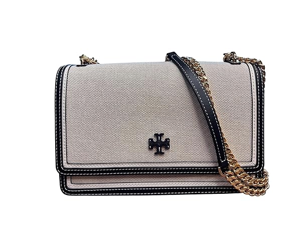 Tory Burch Emerson Canvas Shoulder Bag, Black Leather Trim, Gold Chain Strap, 10 x 2.5 x 6.5 inches - Image 3