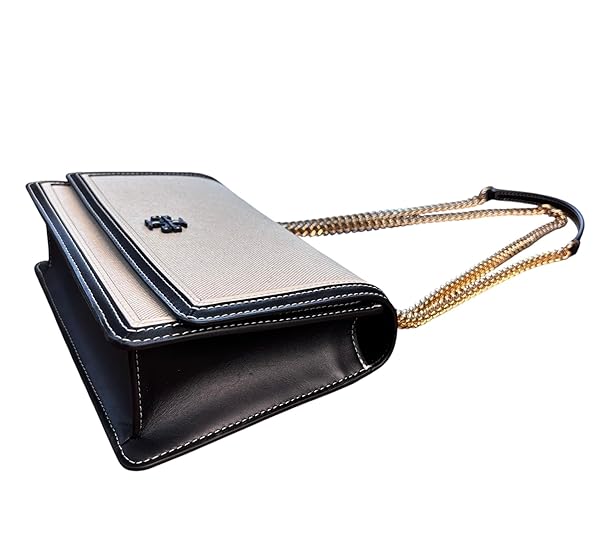 Tory Burch Emerson Canvas Shoulder Bag, Black Leather Trim, Gold Chain Strap, 10 x 2.5 x 6.5 inches - Image 4